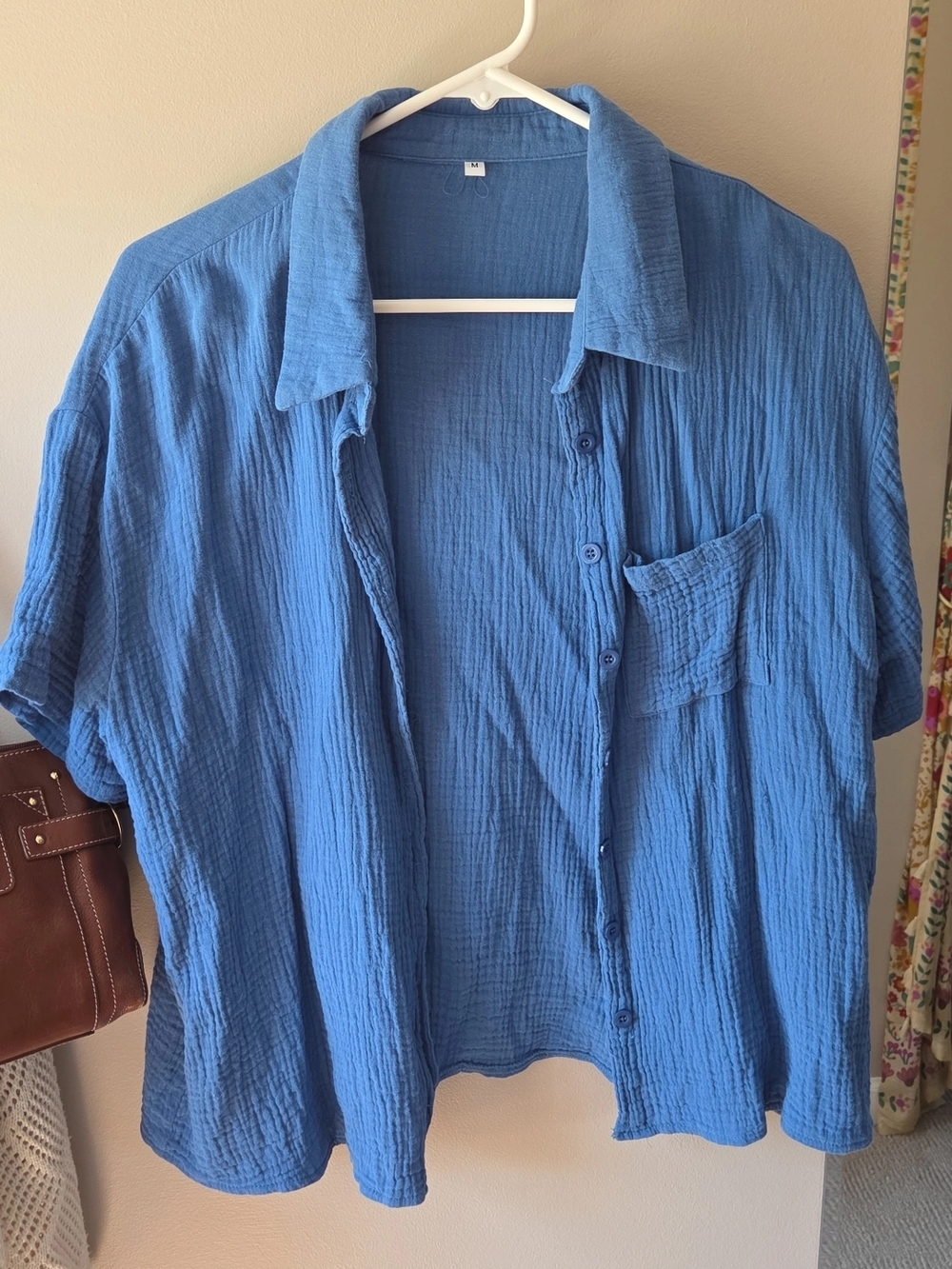100% Cotton Blue Textured Short-Sleeve Button-Up Shirt